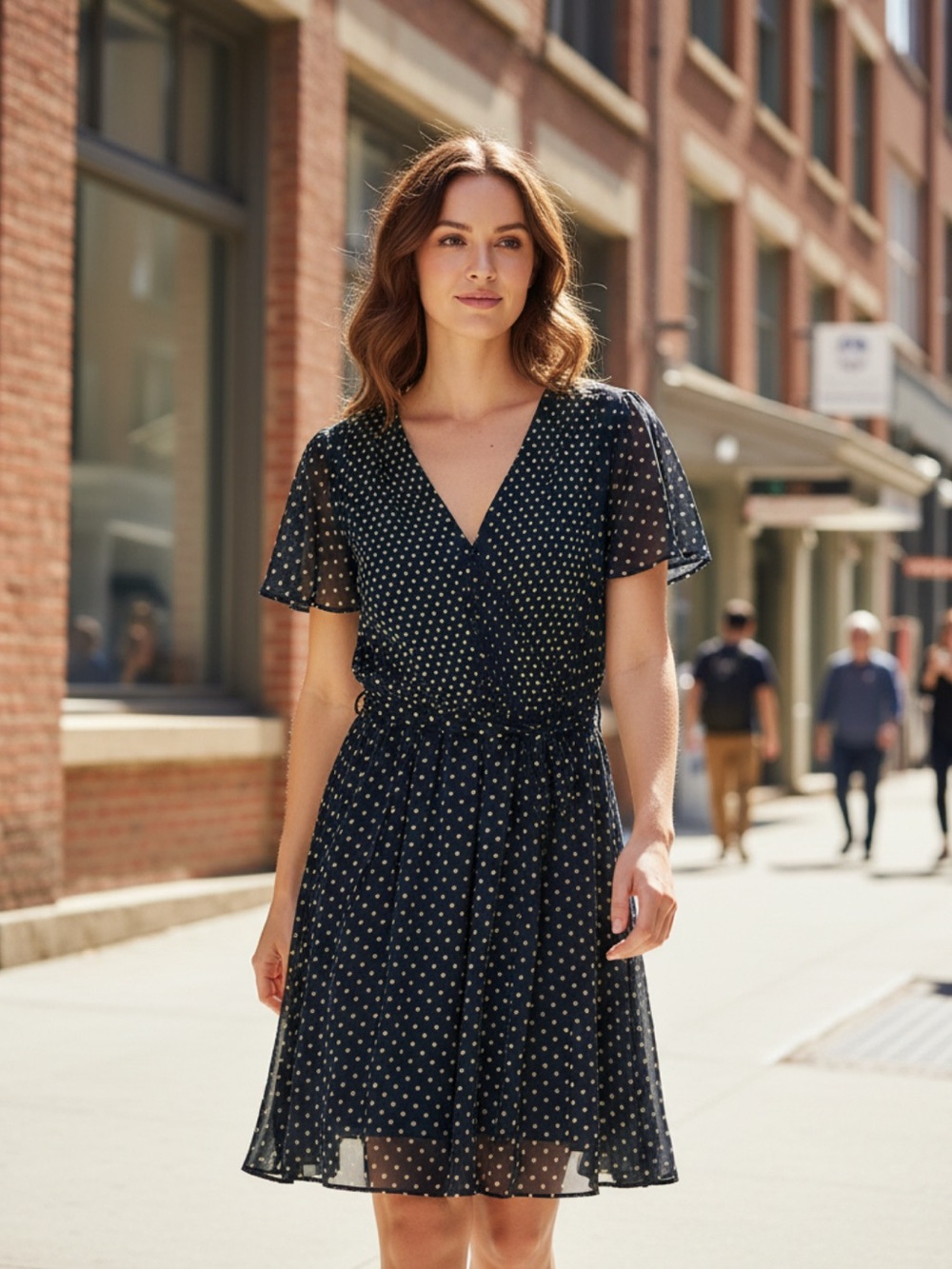 Dressbarn Navy Blue With Yellow Polkadots with Belt -size 16